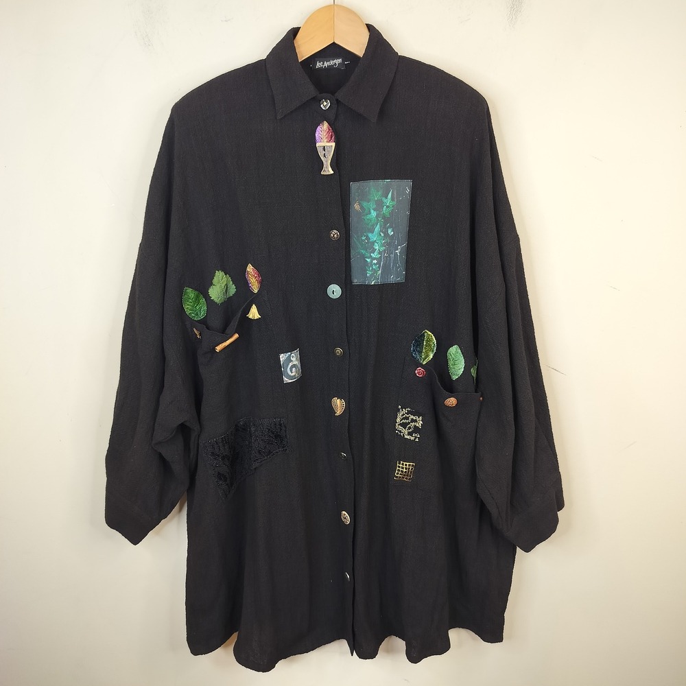 Lee Andersen Vintage Patchwork Jacket Womens 3X Leaf Nature Art To Wear Black